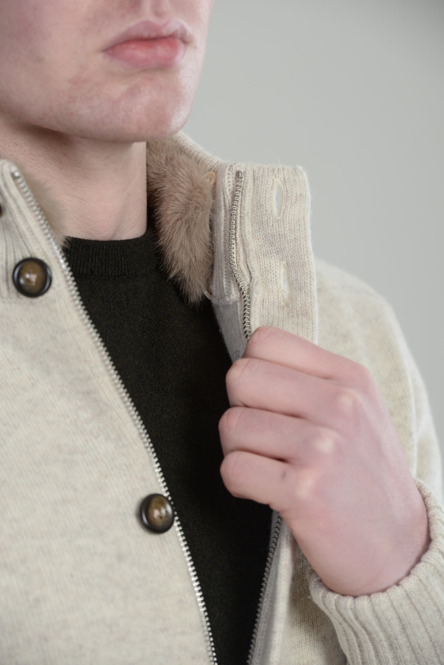 Wool cardigan jacket with fur